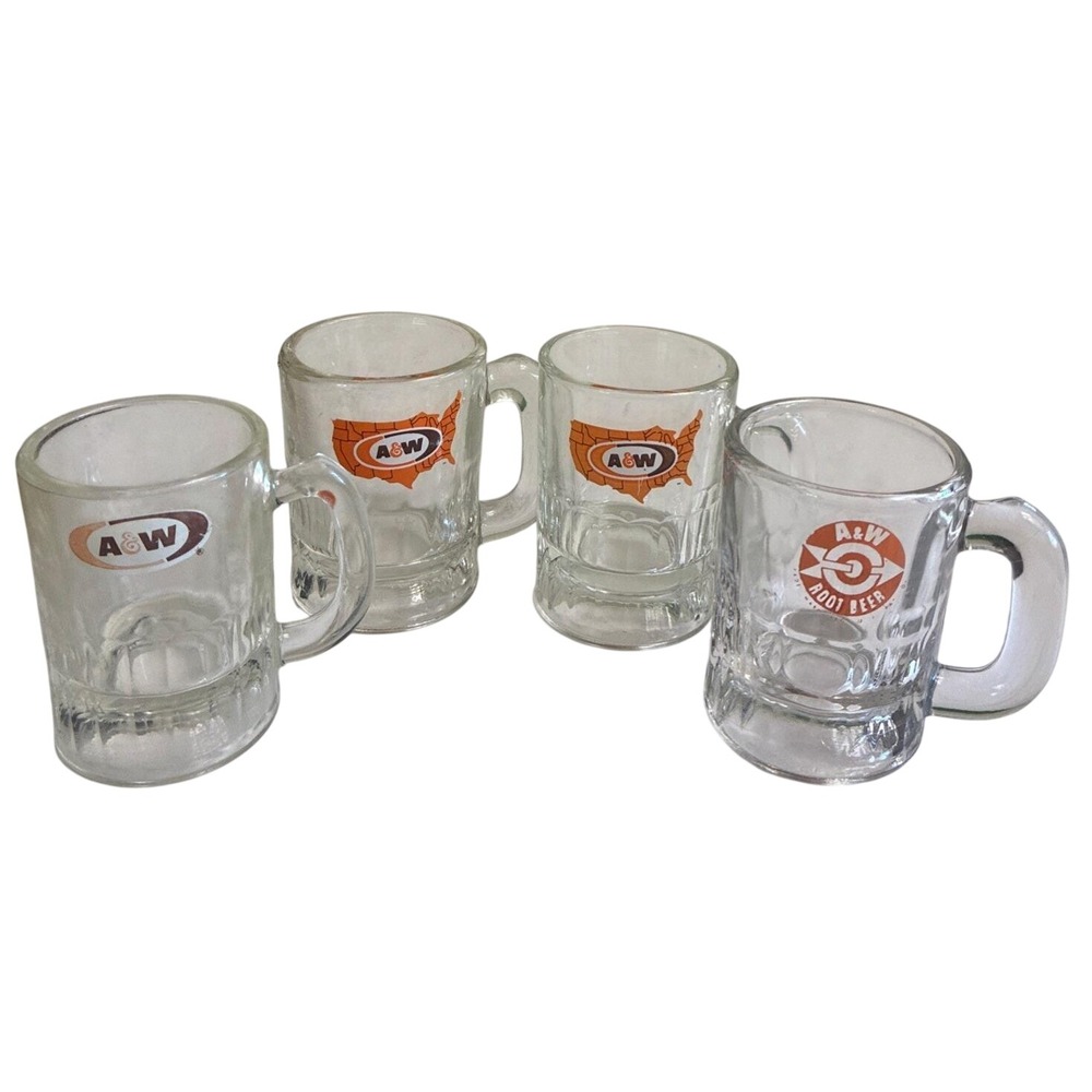 Vintage A&W Mug Root Beer Glass 4 oz Lot Of 4 Different Mini Mugs‎